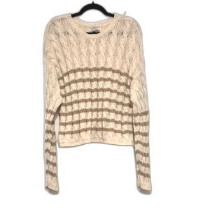 American Eagle Sweater L Cream Tan Stripe Cable Knit Crop LS Drop Shoulder